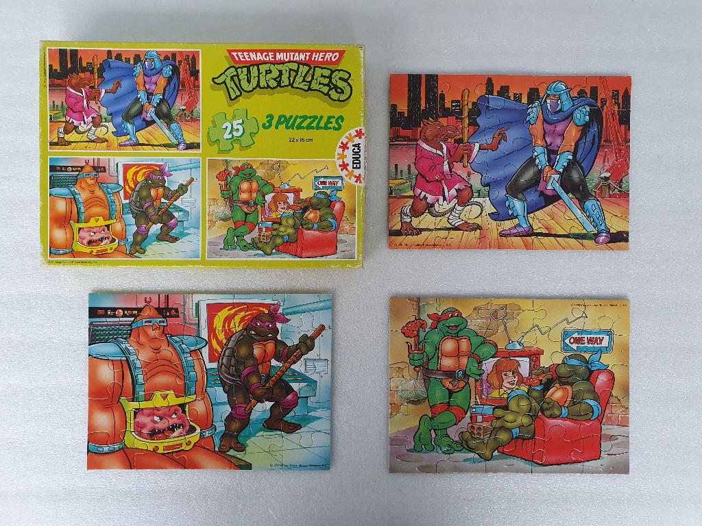 Puzzel TMHT: 3 puzzels van 25 stukken (Educa, Mirage, 1990), Ophalen of Verzenden, 10 tot 50 stukjes, Gebruikt, 6 jaar of ouder
