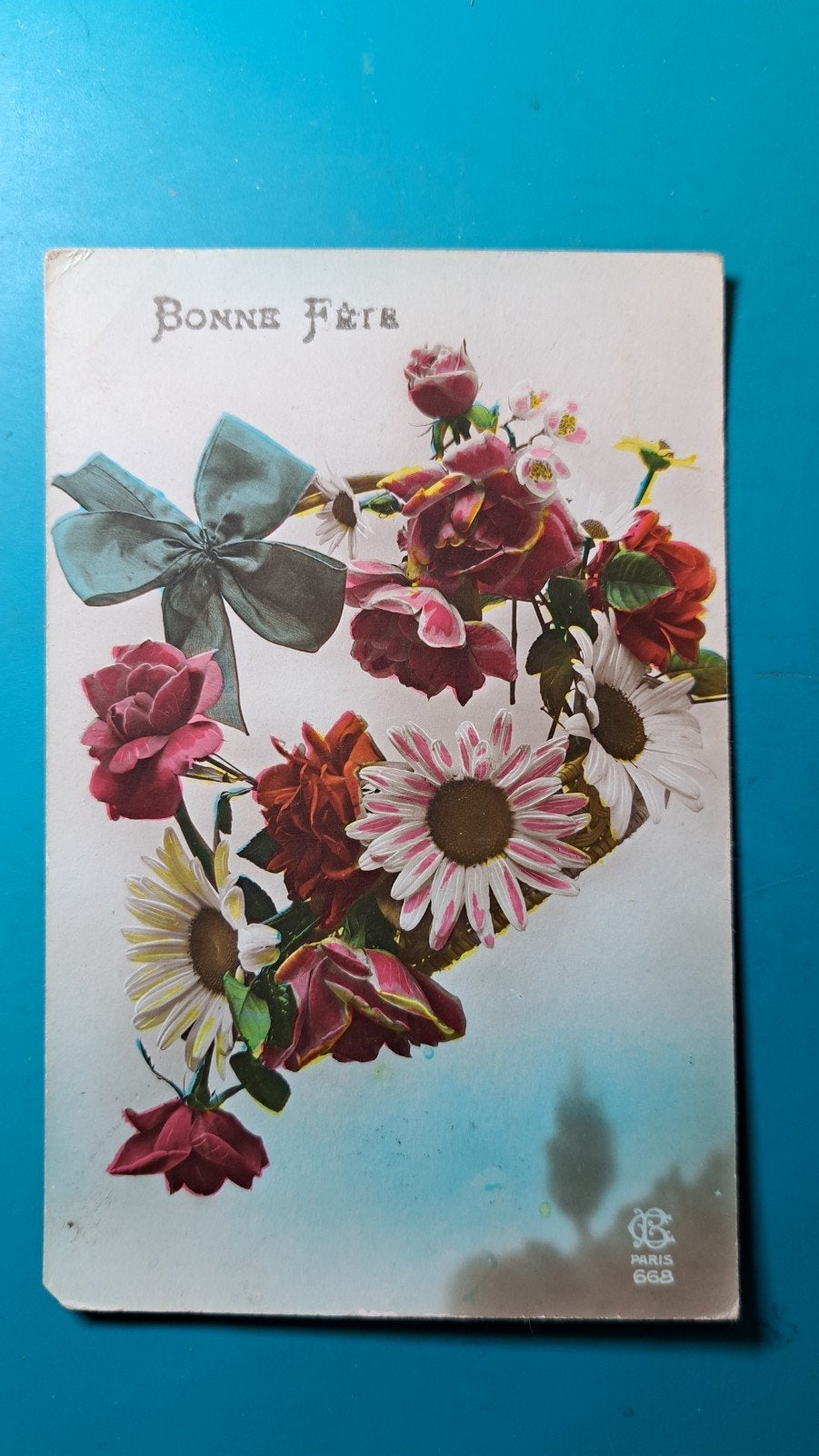 Bloemen,  roos, gerbera, strik, Bonne Fète, Ophalen of Verzenden, Voor 1920, Ongelopen