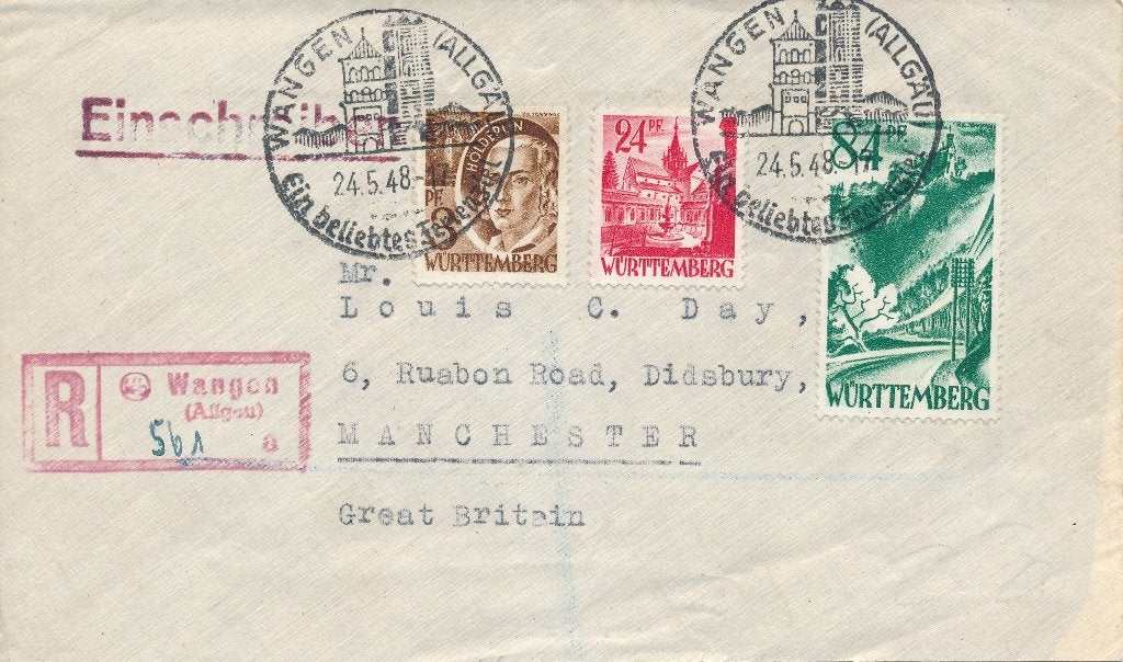 FRANZ.ZONE-WÜRTTEMBERG. R-Brief naar Engeland 24.5.48, Ophalen of Verzenden, BRD, Gestempeld