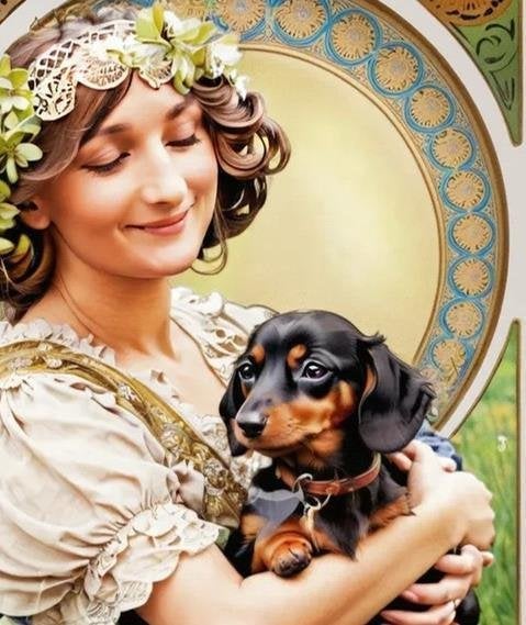 Uniek DACHSHUND TECKEL Alphonse Mucha Poster art nouveau, Verzenden
