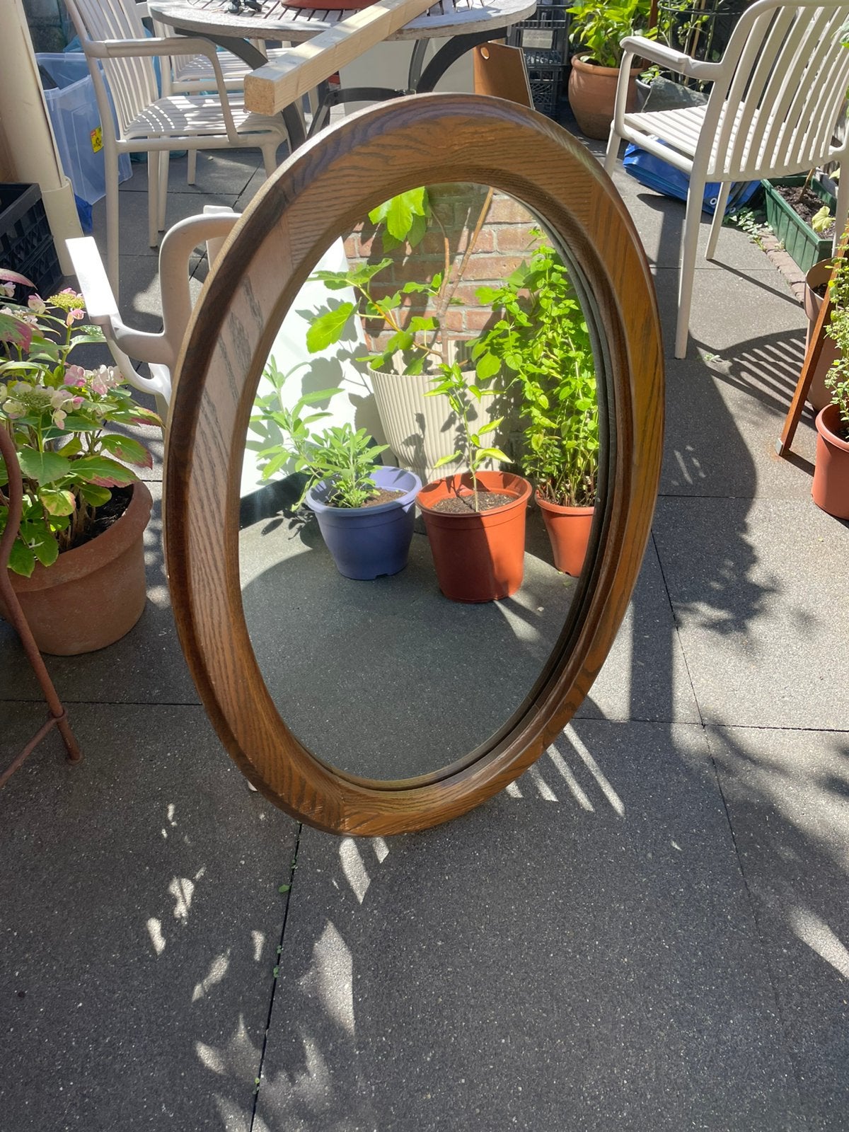 Antieke, ovale spiegel van Massief Hout, Ophalen of Verzenden, Ovaal, 50 tot 100 cm