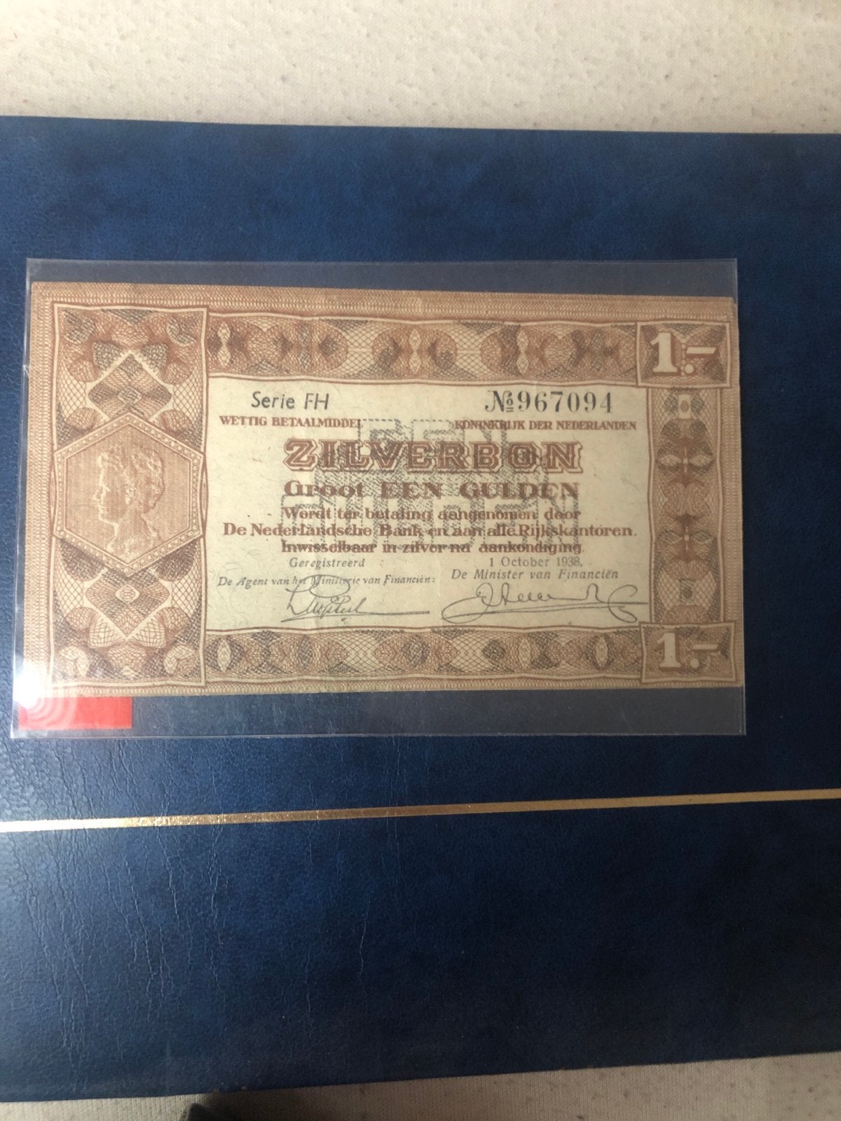 Zilverbon 1 Gulden 1938 - Koninkrijk der Nederlanden, Ophalen of Verzenden, 1 gulden, Los biljet