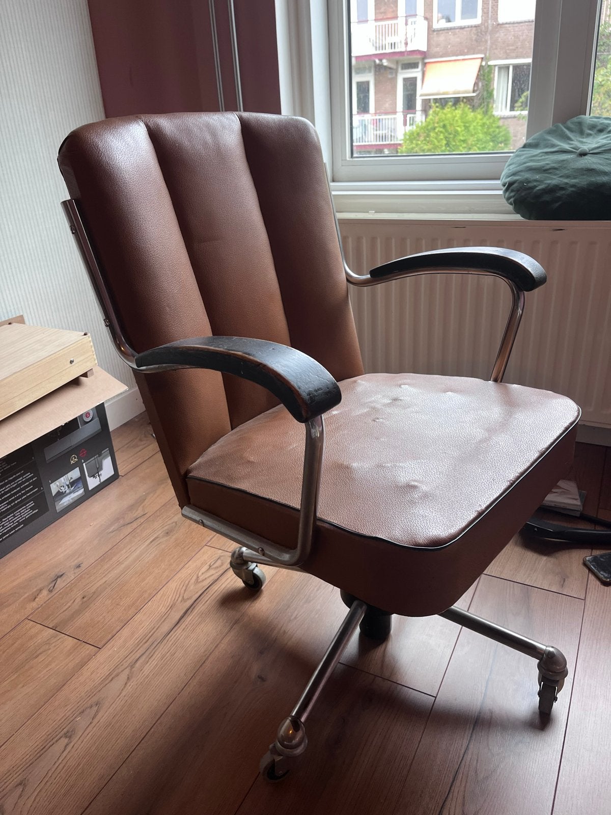 Vintage Cognac Leren Bureaustoel - Draaibaar & Verstelbaar, Huis en Inrichting, Ophalen, Gebruikt, Bruin, Bureaustoel