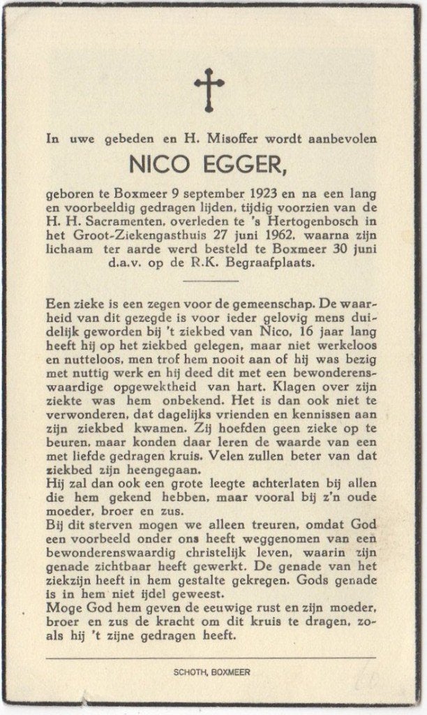 Nico Egger 1923 Boxmeer + 1962 Den Bosch, 38 jaar oud, Verzenden