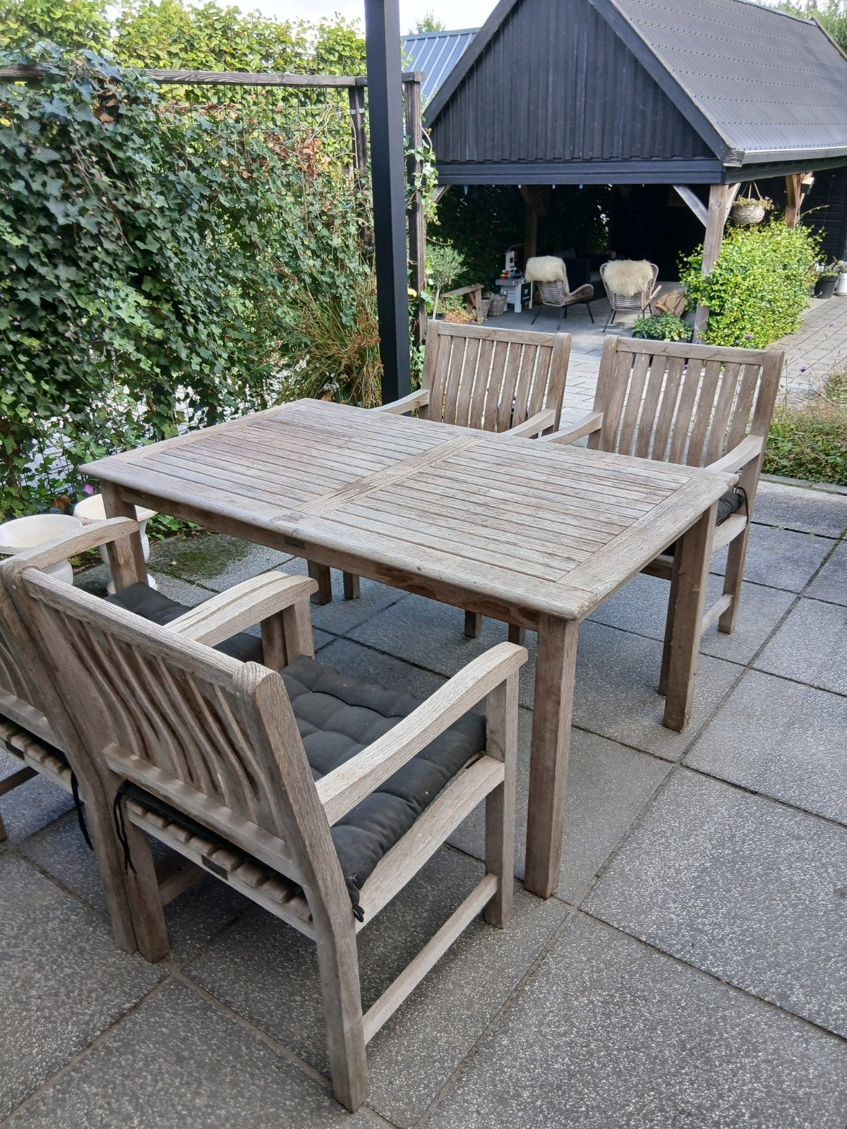 teak houten tuinset met 5 bijbehorende stoelen, Ophalen, Gebruikt, Teakhout, Stoel