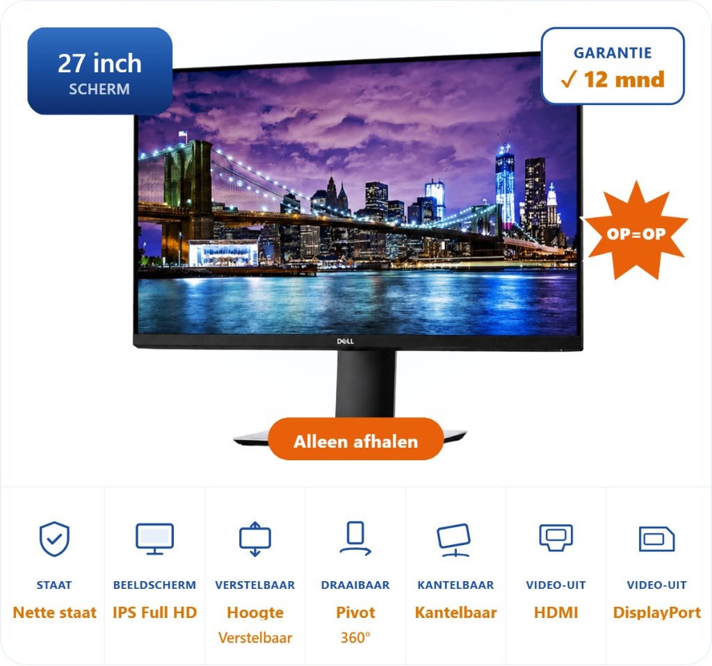 Dell 27-inch P2719H Full HD IPS Monitor, Computers en Software, Ophalen, IPS, Dell, DisplayPort
