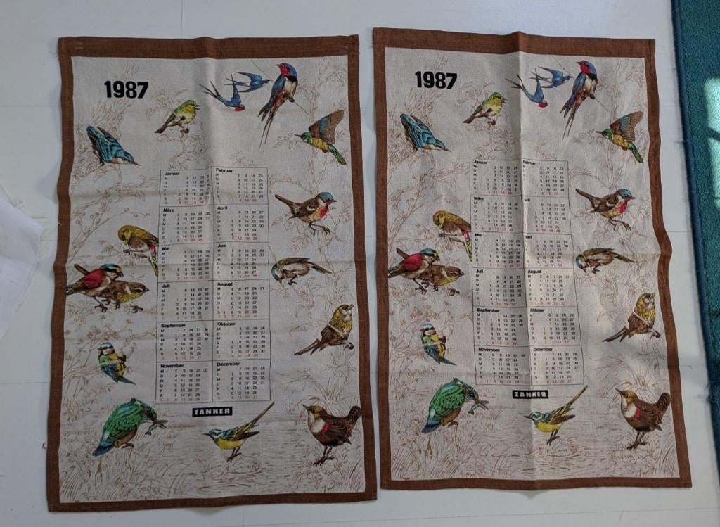 2x Vintage keukendoeken kalender 1987 vogels Zanker, Ophalen of Verzenden, Zo goed als nieuw, Overige kleuren, Theedoek of Handdoek