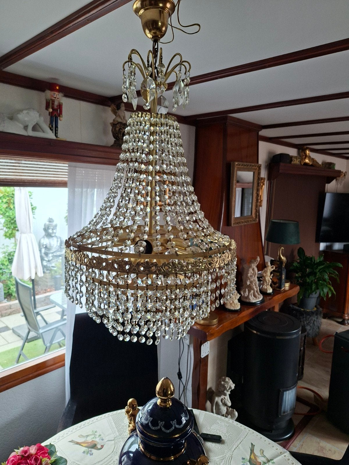 Grote vintage kroonluchter met kristallen, Huis en Inrichting, Lampen | Kroonluchters, Ophalen of Verzenden, Gebruikt, Glas, Vintage, Klassiek, Glamour