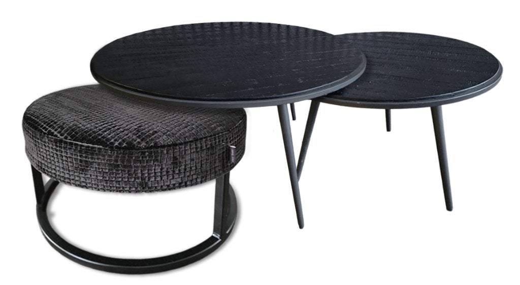 Set van 2 salontafels met gestoffeerde poef - kleur zwart, Ophalen, 50 tot 100 cm, Rond, Nieuw