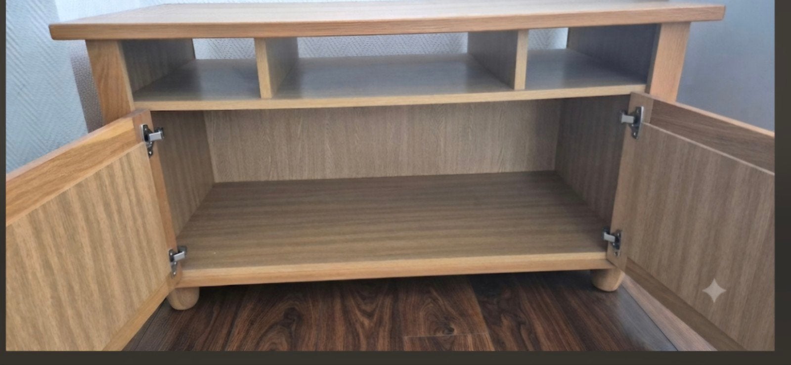 Eikenhouten TV-meubel met opbergruimte, Ophalen, Gebruikt, 100 tot 150 cm, Eikenhout