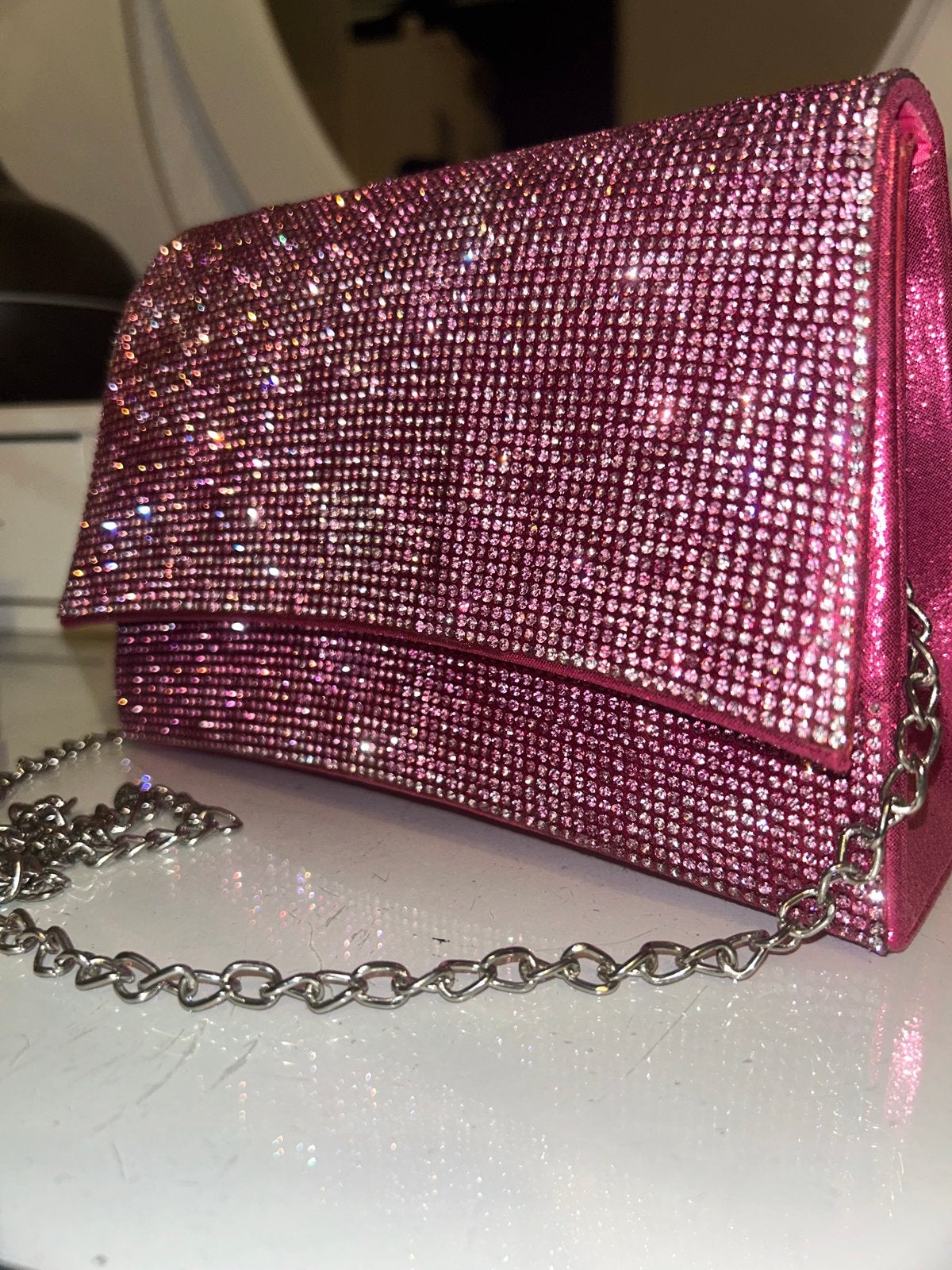 Roze glitter clutch / avondtasje met ketting, Ophalen of Verzenden, Zo goed als nieuw, Roze, Avondtasje