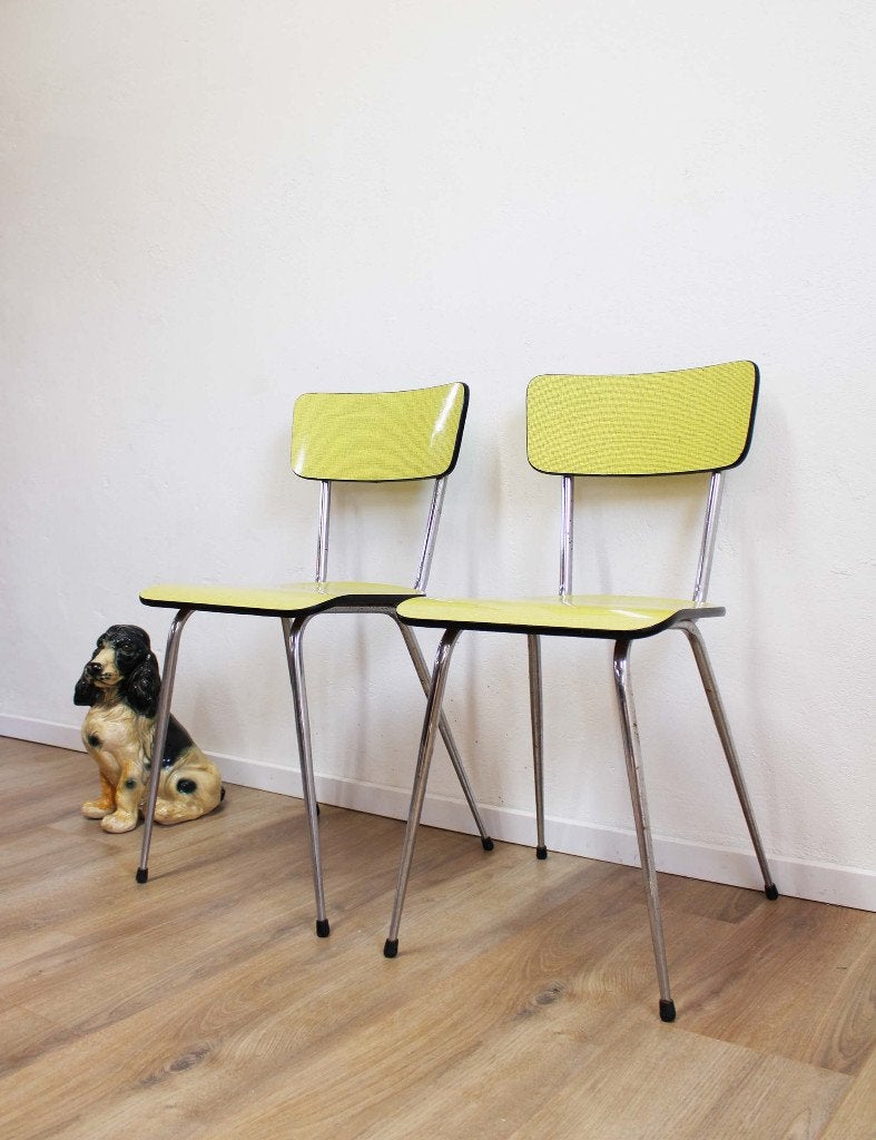 Set gele vintage stoelen. 2 retro formica stoeltjes - geel, Ophalen, Twee, O, Hout