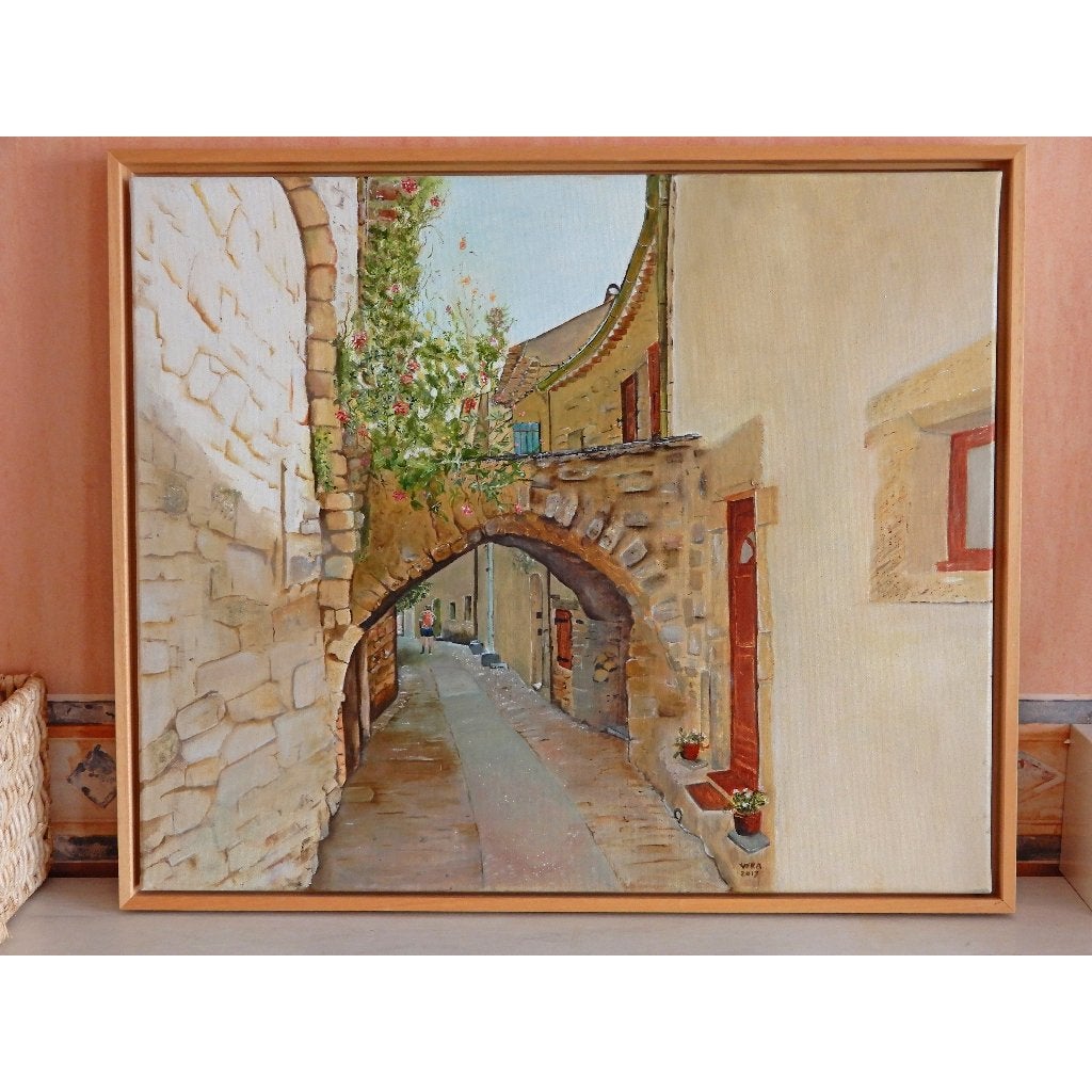 Schilderij dorpje Mane in Frankrijk, Doek, Realistisch, Ophalen of Verzenden, Olieverf