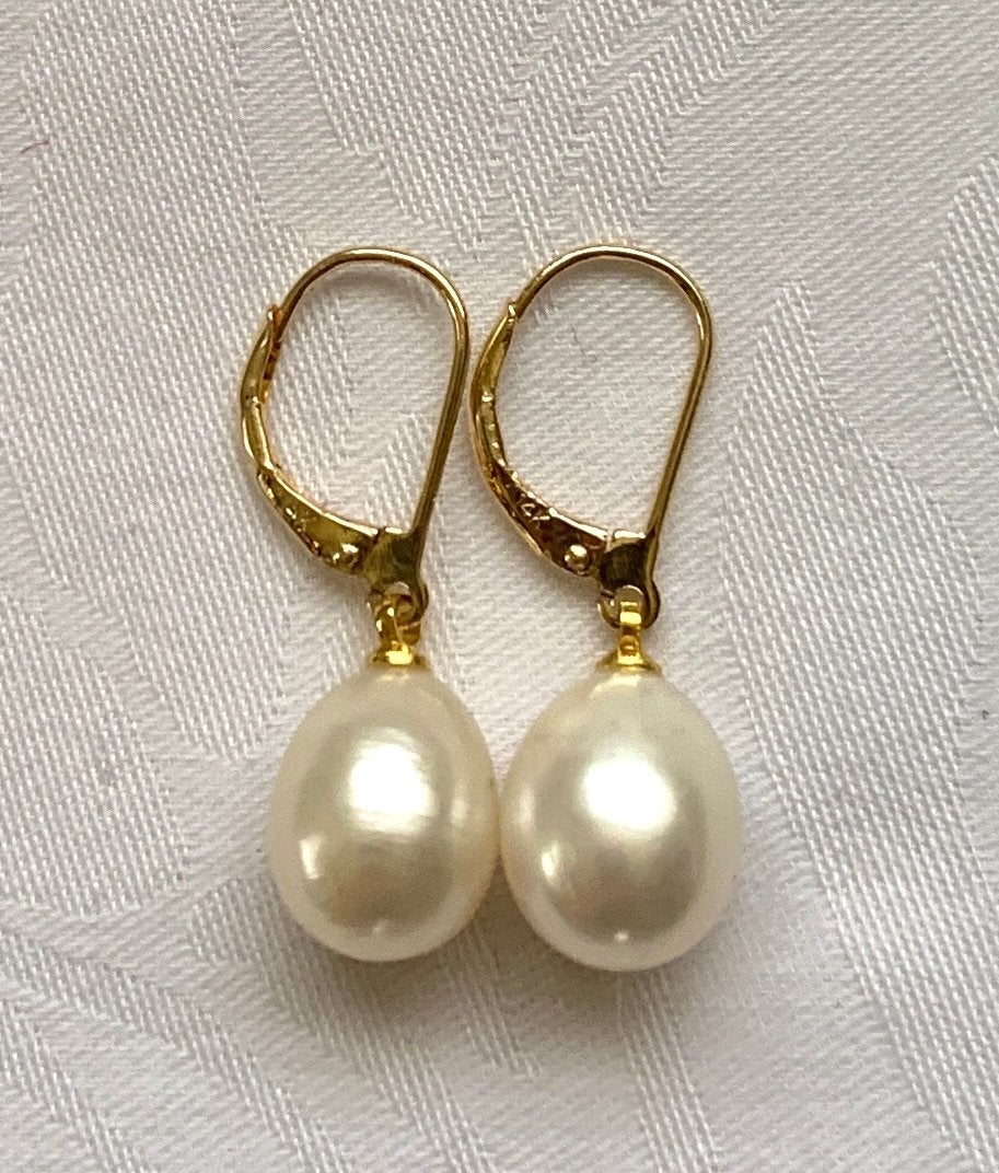 Parel Oorbellen met Druppelvormige Zoutwaterparel 14K, Hangers, Wit, Nieuw, Ophalen of Verzenden