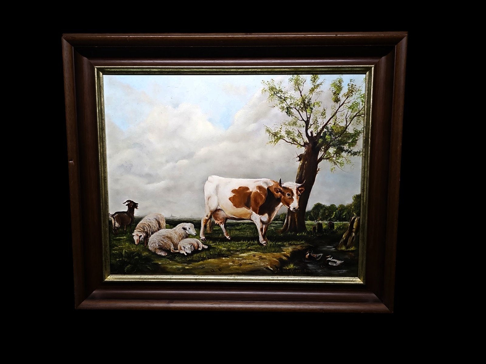 Olieverfschilderij Koeien en Schapen .Gesign., Ophalen of Verzenden