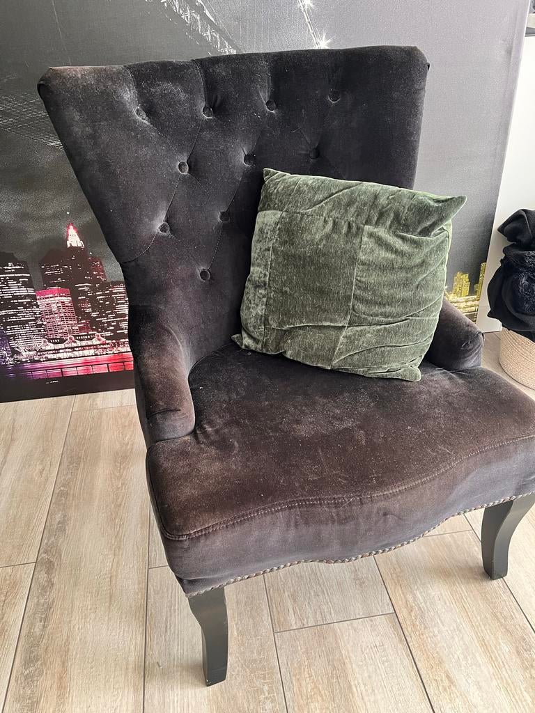 Zwarte landelijke fauteuil met stof, Ophalen, Gebruikt, Stof, 75 tot 100 cm