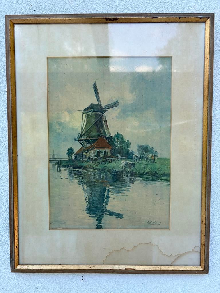 Oude ingelijste aquarel: Hollandse molen aan het water, Antiek en Kunst, Kunst | Schilderijen | Klassiek, Ophalen