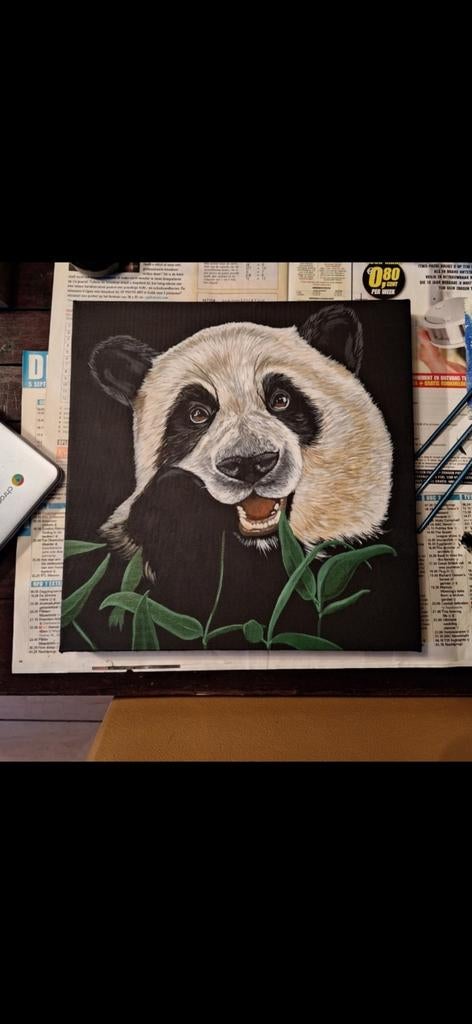Handgeschilderd Panda Schilderij - 29x29cm, Verzenden