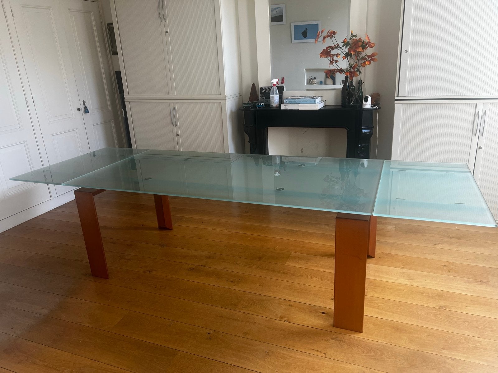 Eettafel van Dessalto met glazen blad en uitschuiffunctie, Ophalen, Gebruikt, 50 tot 100 cm, Glas