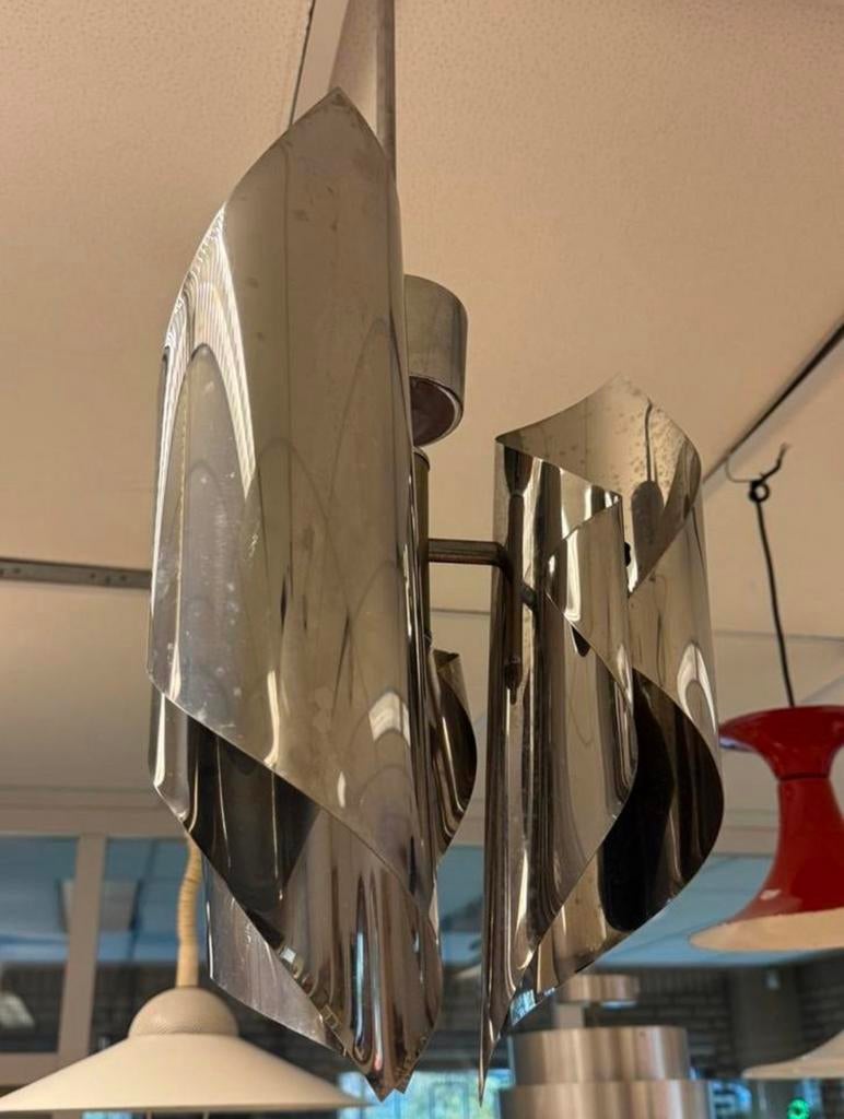 Vintage Space Age chromen hanglamp jaren 70.293, Gebruikt, Metaal, Minder dan 50 cm, Ophalen