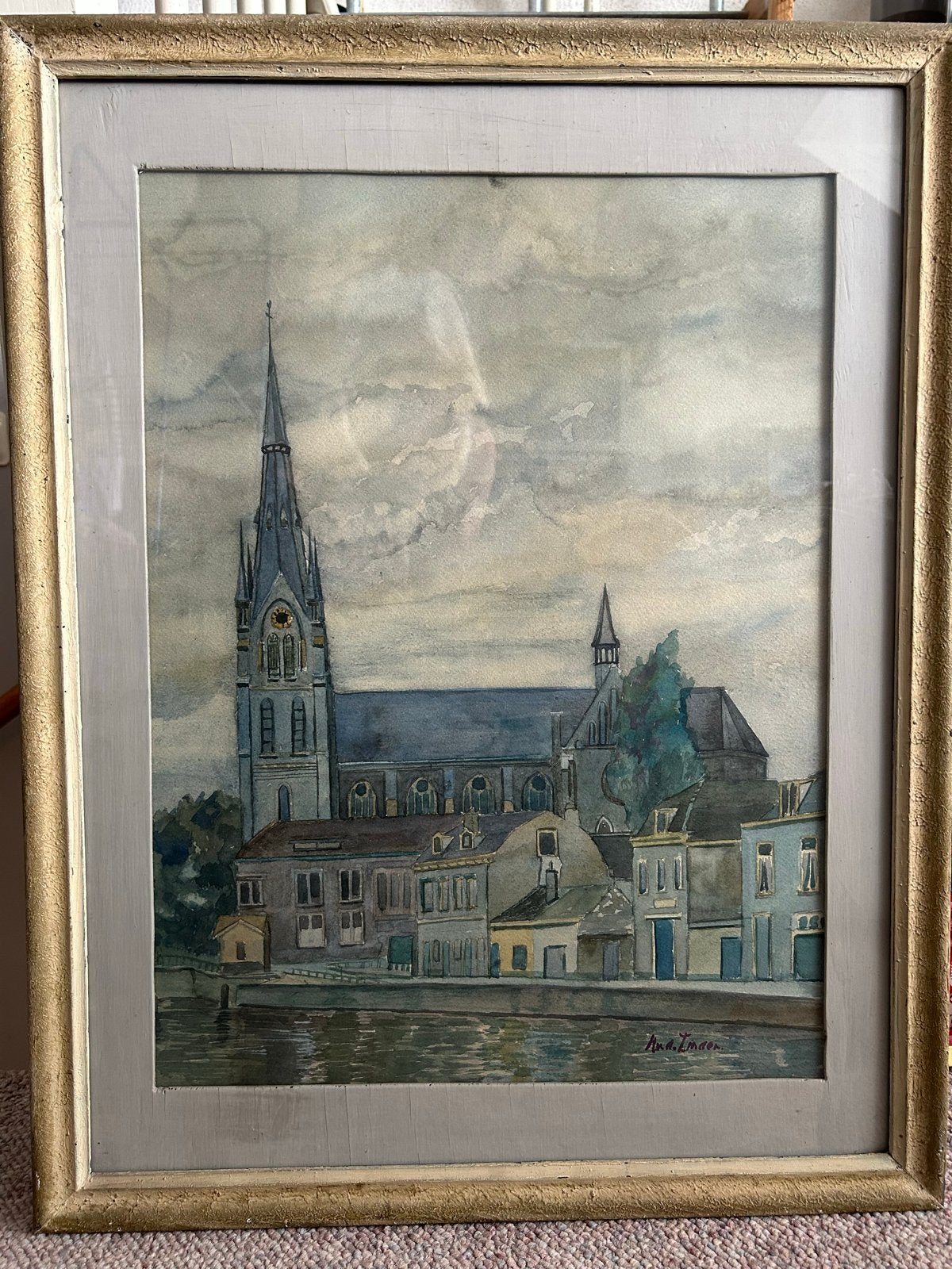 Stadsgezicht met kerk aan het water, gesigneerd, Realistisch, Aquarel, Ophalen, Achter glas