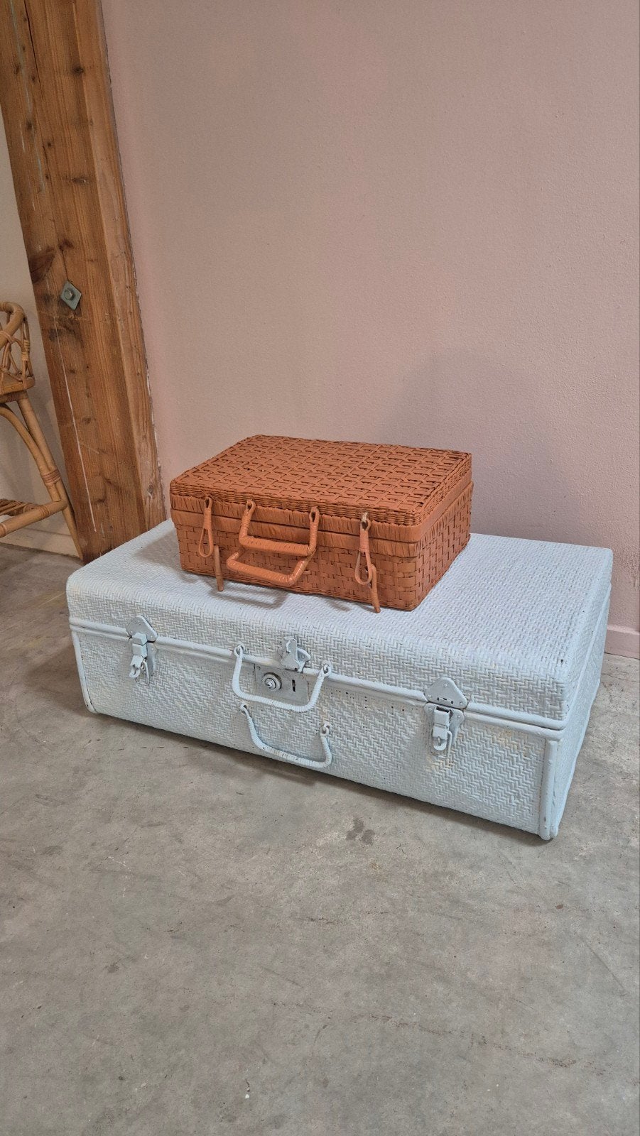 Set vintage koffers terra / mint oude rotan, Ophalen of Verzenden