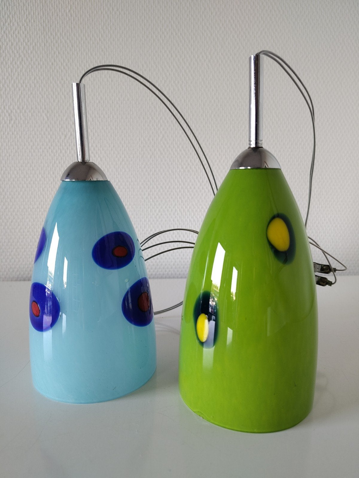 Twee glazen Pylones design hanglampen, Ophalen, Speels, creatief, G4, Glas