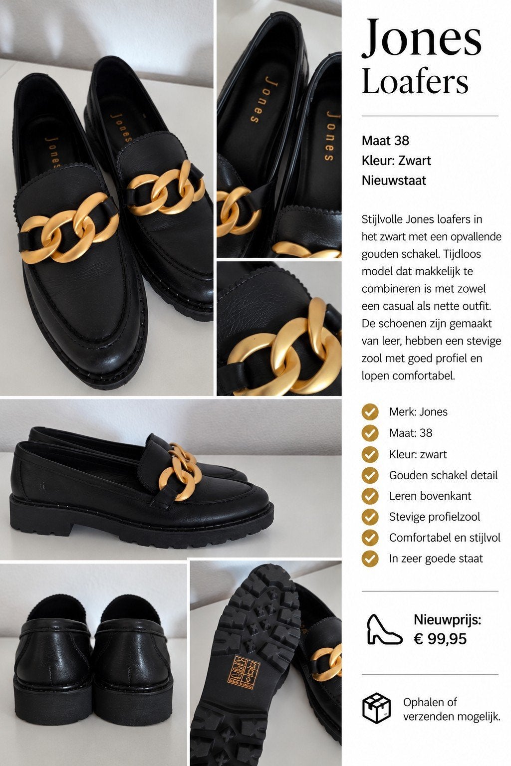 Jones Loafers Zwart met Gouden Schakel - Maat 38, Jones, Nieuw, Ophalen of Verzenden, Instappers