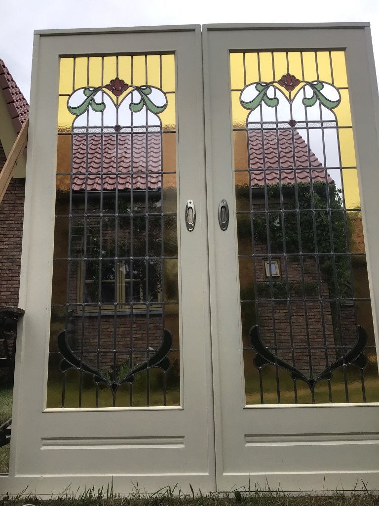 Prachtige set antieke glas in lood deuren, Doe-het-zelf en Verbouw, Deuren en Horren, Ophalen, Binnendeur, Zo goed als nieuw, 200 tot 215 cm