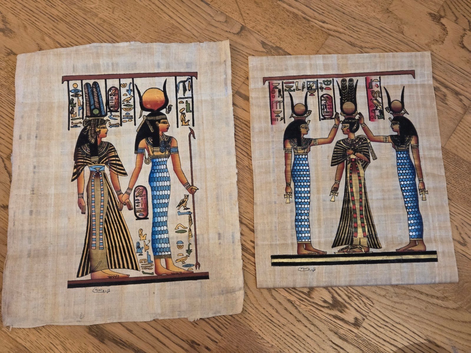 Twee handgeschilderde Egyptische papyrusschilderingen, Antiek en Kunst, Schilderij, Geschilderd, Ophalen of Verzenden, Papier/karton