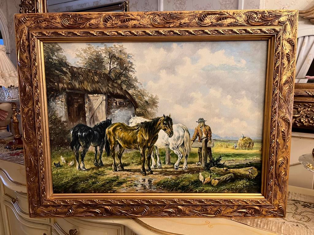 Prachtige groot olieverf schilderij met paarden, Ophalen of Verzenden
