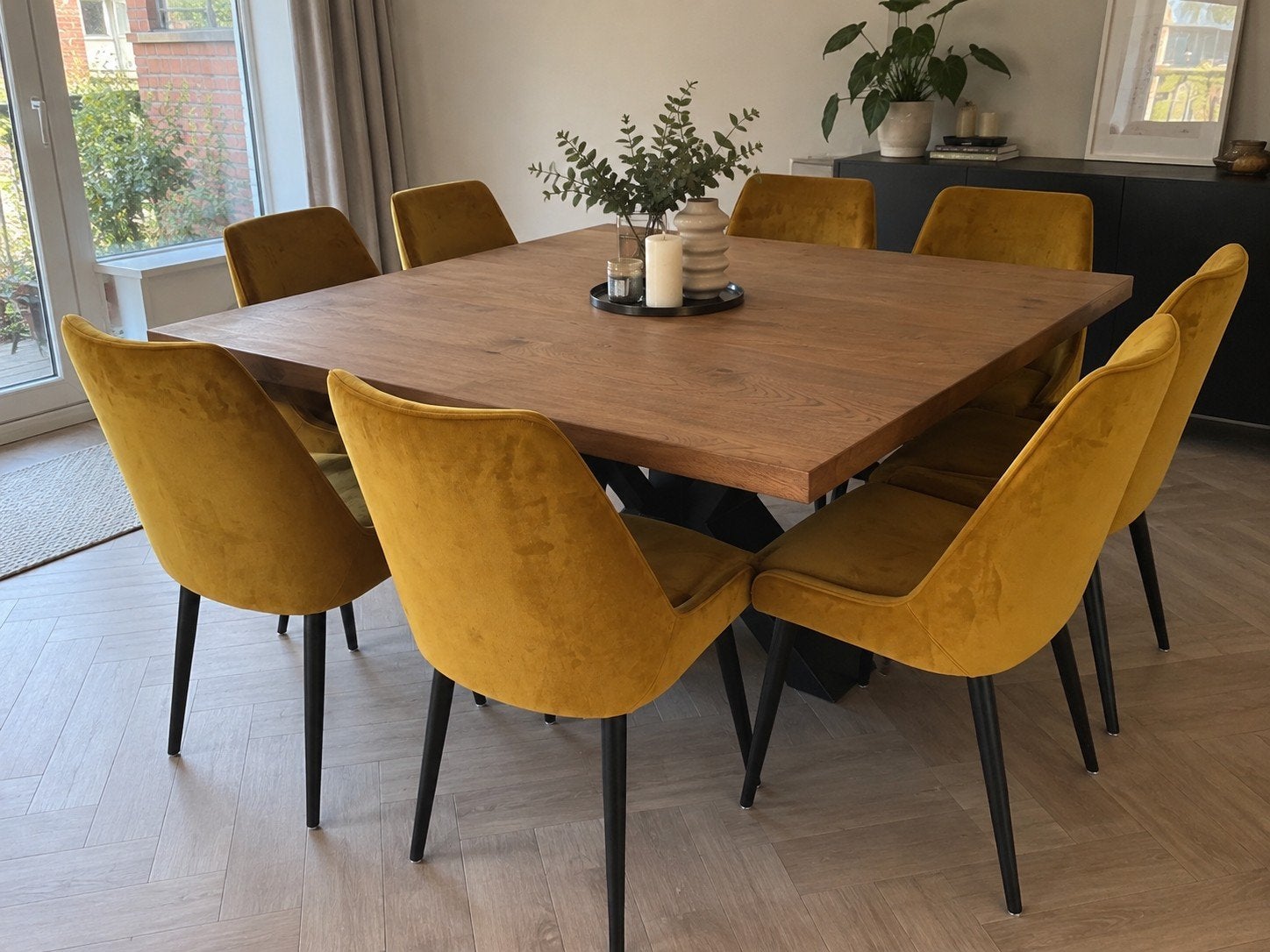 Massief houten eettafel met 8 velvet stoelen, Ophalen of Verzenden