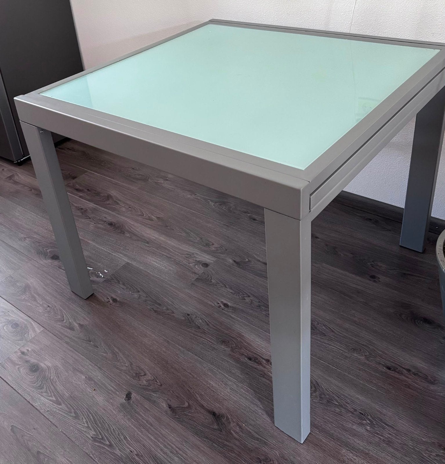 Uitschuifbare eettafel met glazen blad, Ophalen, Gebruikt, 50 tot 100 cm, Glas