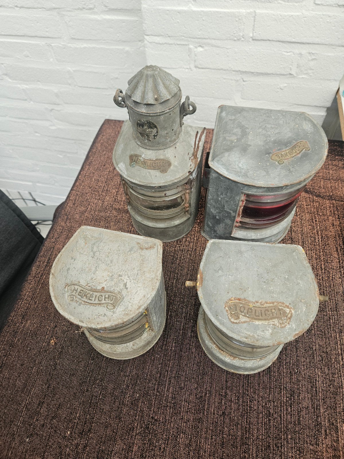 Set van 4 Antieke Scheepslantaarns - Maritieme Decoratie, Antiek en Kunst, Antiek | Lampen, Ophalen of Verzenden
