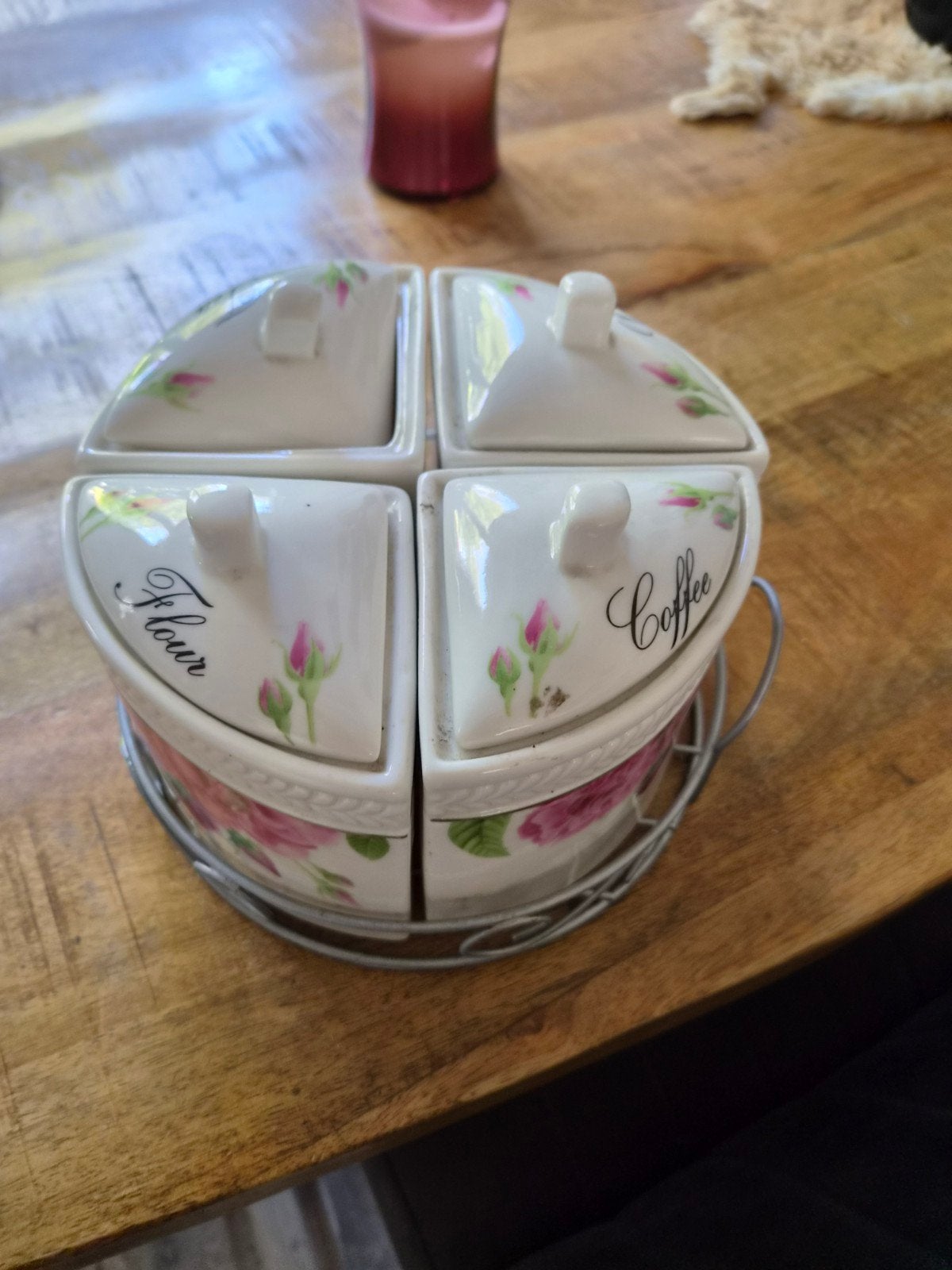 Vintage voorraadpotten set met rozenprint en houder, Ophalen, Gebruikt, Voorraadpot, Steen/keramiek