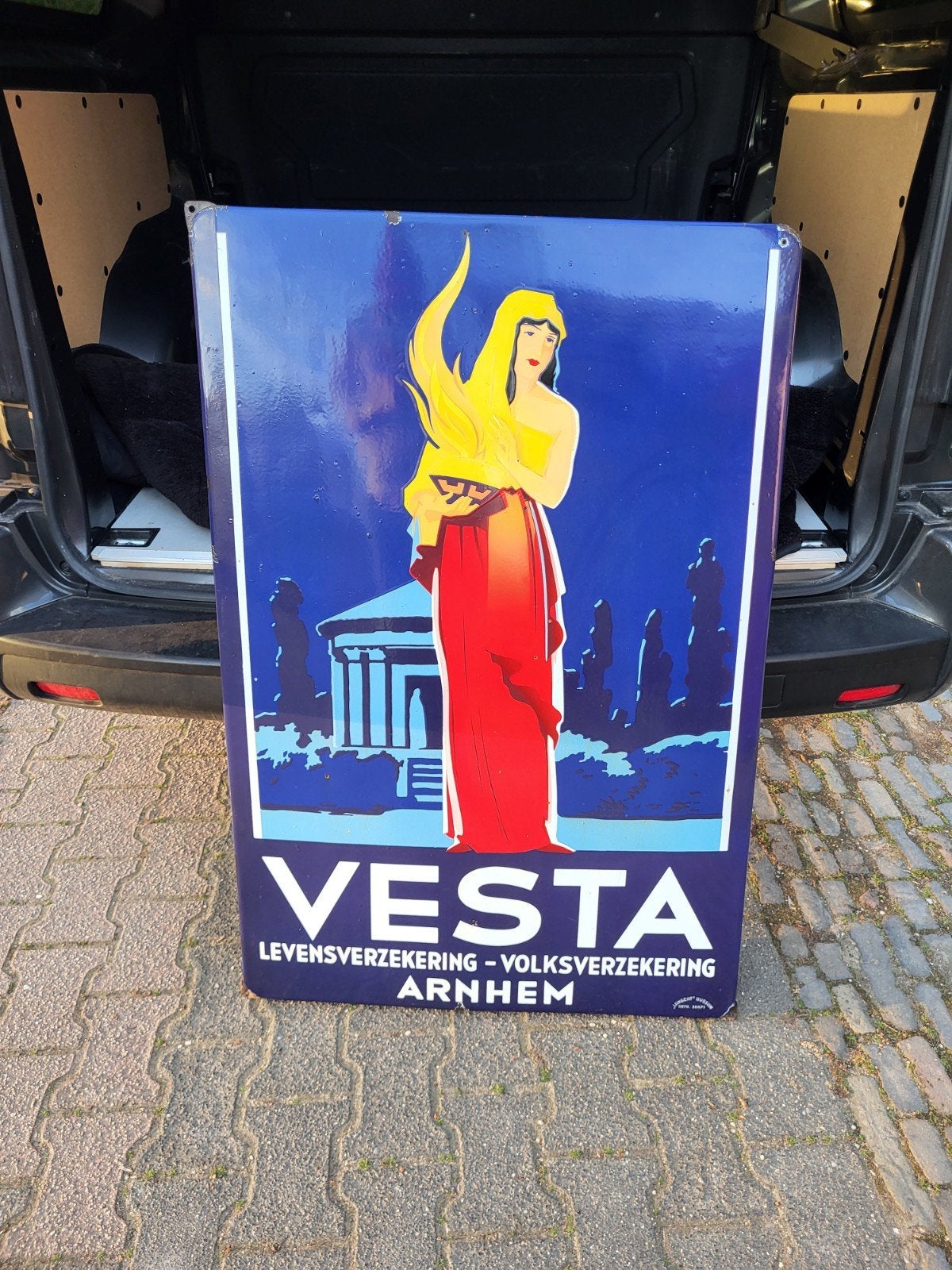 grote emaille reclamebord vesta verzekeringen, Verzamelen, Ophalen, Gebruikt, Reclamebord