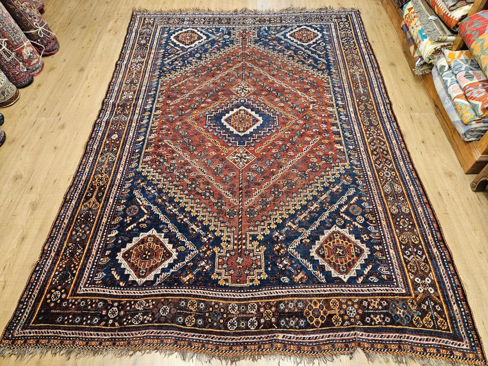 Vintage handgeknoopt perzisch tapijt loper qashqai 312x220, Huis en Inrichting, Stoffering | Tapijten en Kleden, Info@SlatsAntiek.nl