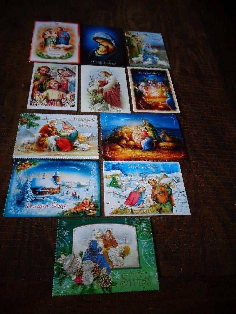 11 Kerstkaarten met Vrolijk Kerstfeest in Pools, Ophalen of Verzenden, 1980 tot heden, Gelopen, Overige thema's