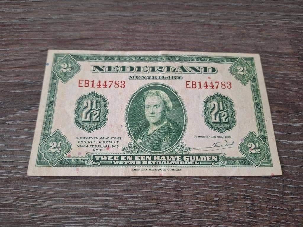 Heel mooi biljet 2,5 gulden 1943, muntbiljet Wilhelmina, Ophalen of Verzenden, 1 gulden
