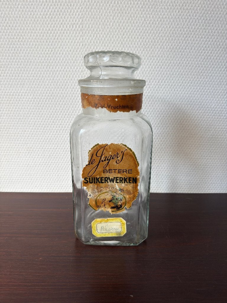 Antieke Brocante Glazen Snoeppot met Label, Voorraadpot, Ophalen of Verzenden