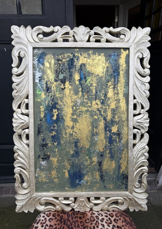 Schilderij in oude lijst, kunst in blauw groen goud VdlM, Ophalen