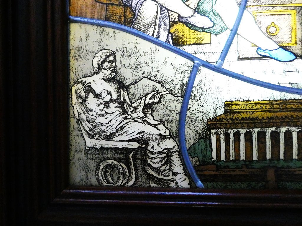 Glas in lood lichtbak lamp God Asklepios genezing gesigneerd, Ophalen