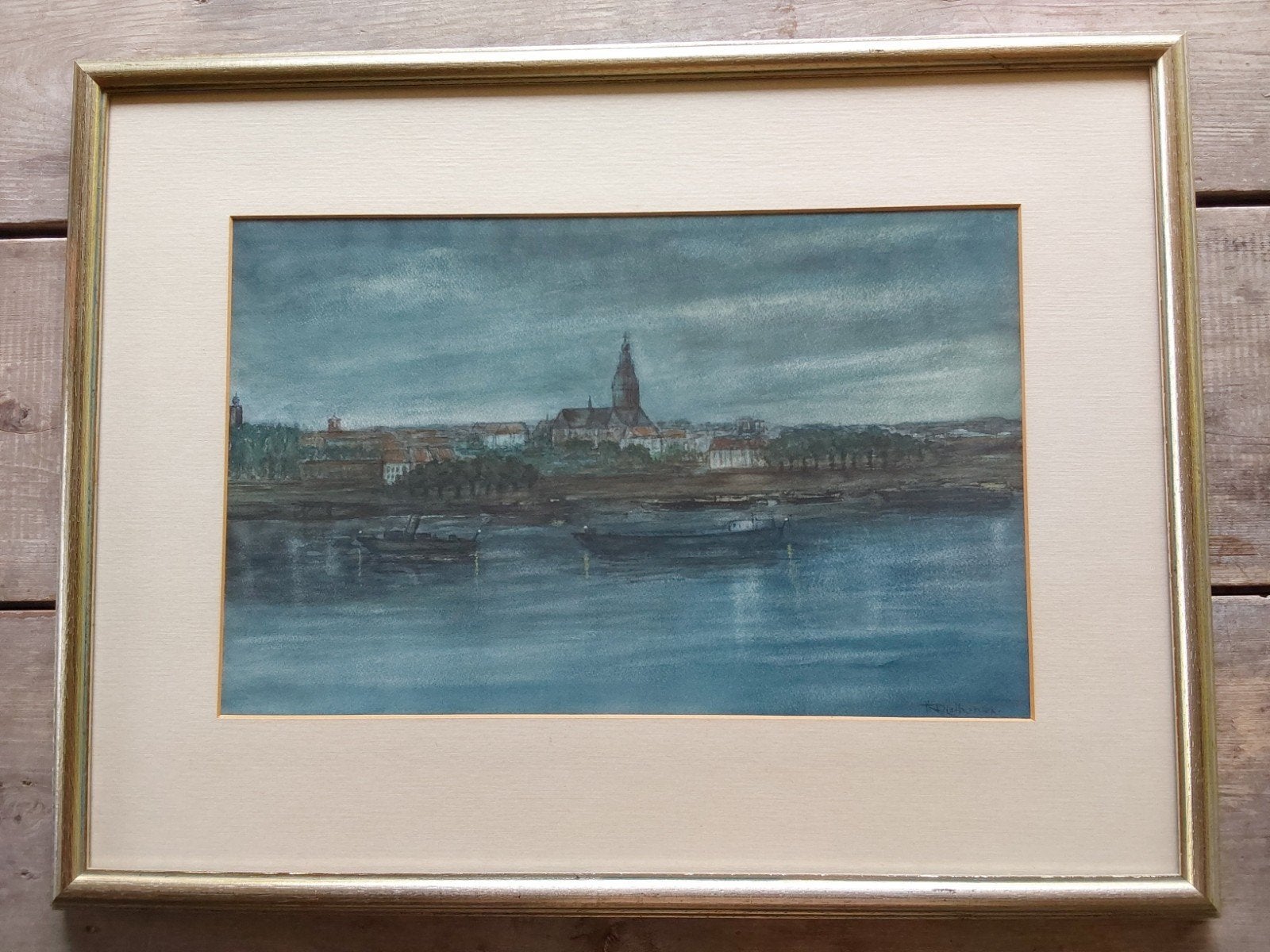 Pastel Theo Rietbergen: Gezicht op Nijmegen vanuit Lent, Ophalen of Verzenden