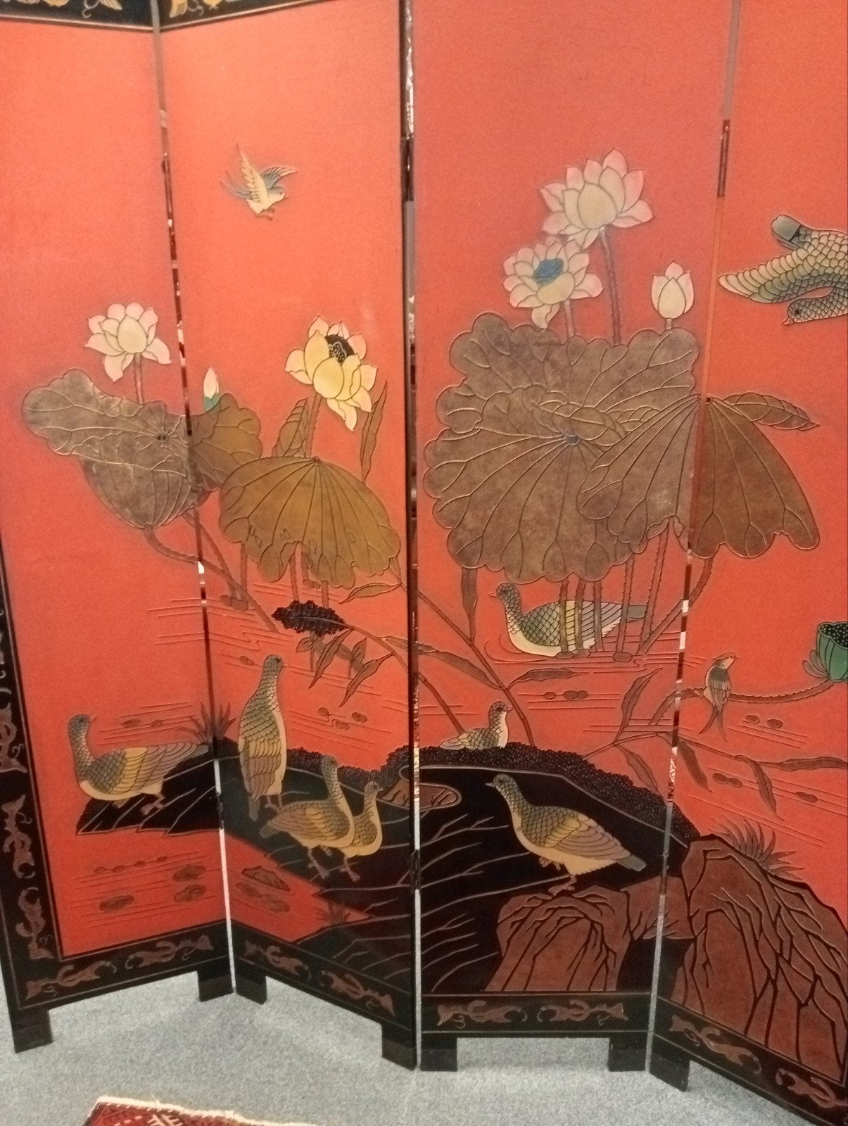 Prachtig Chinees kamerscherm, rood met vogels en bamboe, Ophalen of Verzenden, Chinees, Chinees, Chinees