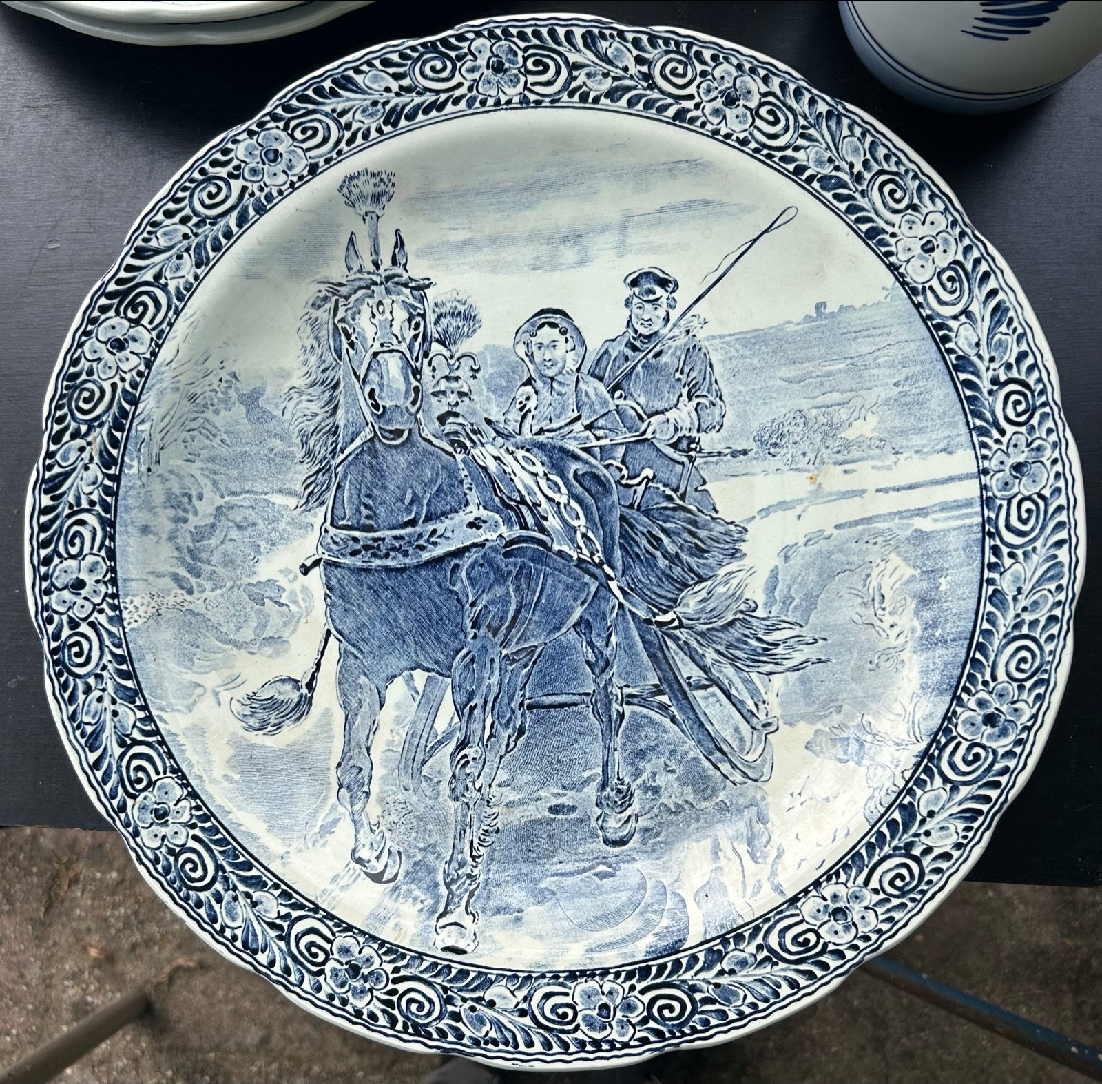 Groot Delfts blauw bord 39 cm met paard en wagen, Ophalen of Verzenden