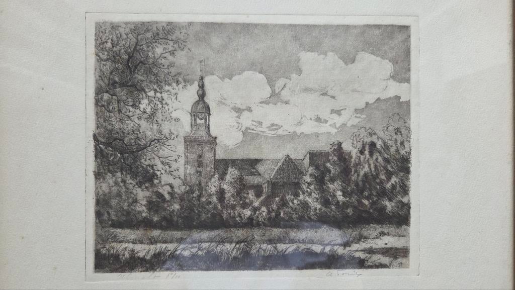 Albert Torie - ets grote kerk Almelo, Antiek en Kunst, Kunst | Etsen en Gravures, Ophalen of Verzenden, Ets, 1900 - 1949