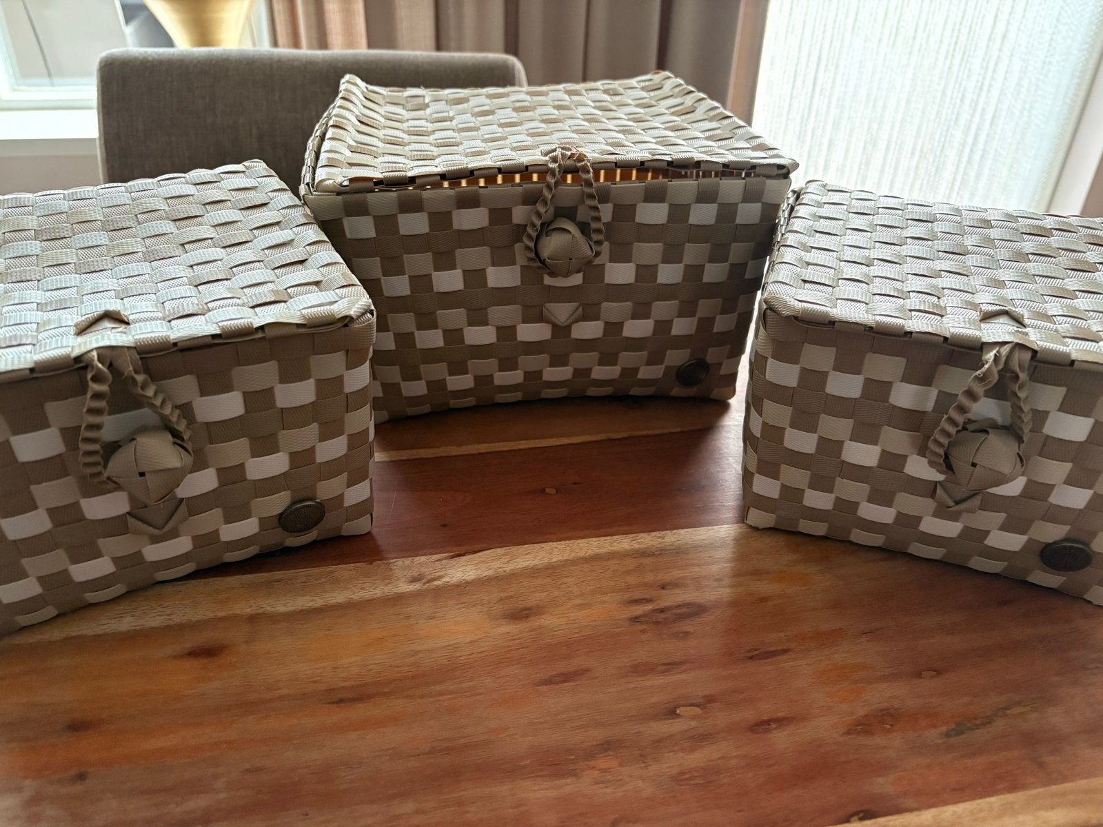 Handed By manden set van 3 - beige, wit, crème, Kunststof, Gevlochten, Mand, Vierkant