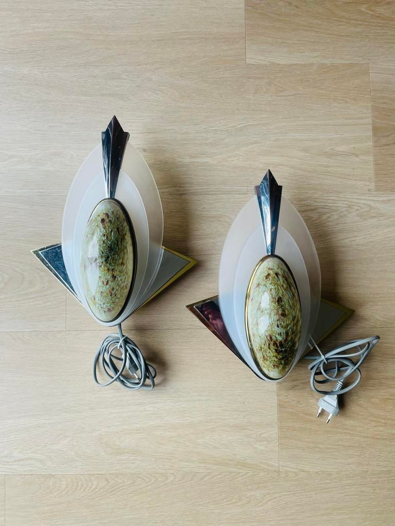Set van 2 Vintage Art Deco Wandlampen met Marmerlook Glas, Huis en Inrichting, Lampen | Wandlampen, Ophalen of Verzenden, Nvt
