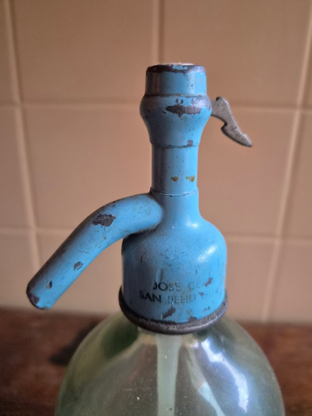 Vintage Sifonfles - Groen Glas met Blauwe Kop, Ophalen of Verzenden