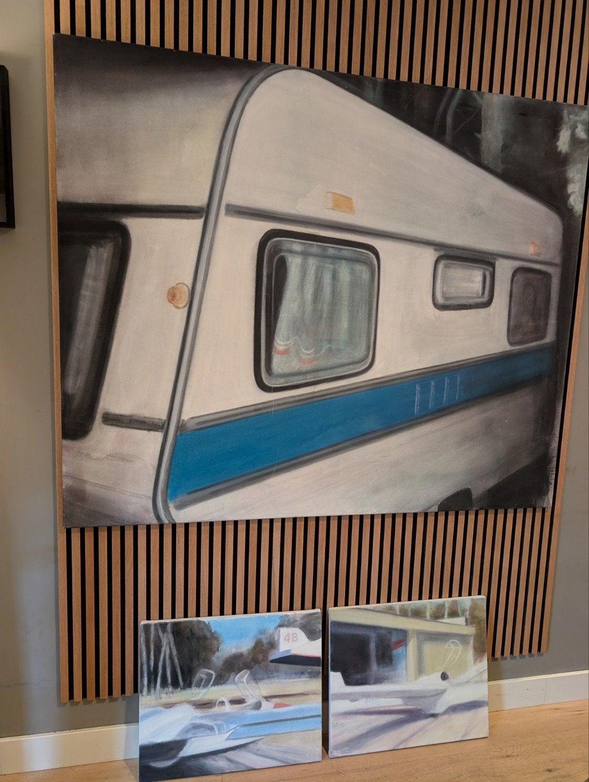 3 werken van Gies Backes uit Venlo: 2x 50x60cm, 1x 140x170cm, Acrylverf, Overig onderwerp, Gesigneerd, Ophalen of Verzenden
